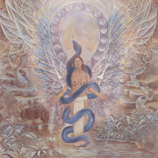Artistic depiction of a winged creature with a snake, set against a detailed background.