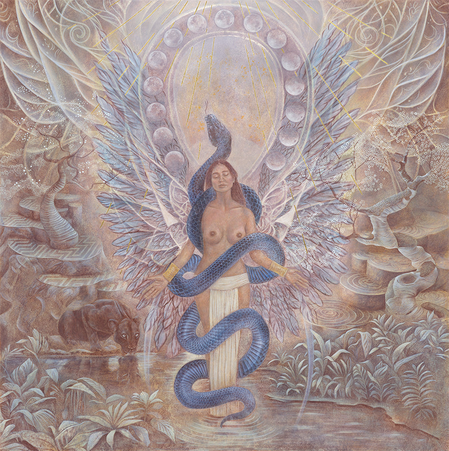 A colorful visual artwork depicting a figure with wings and a snake, surrounded by nature and celestial motifs.