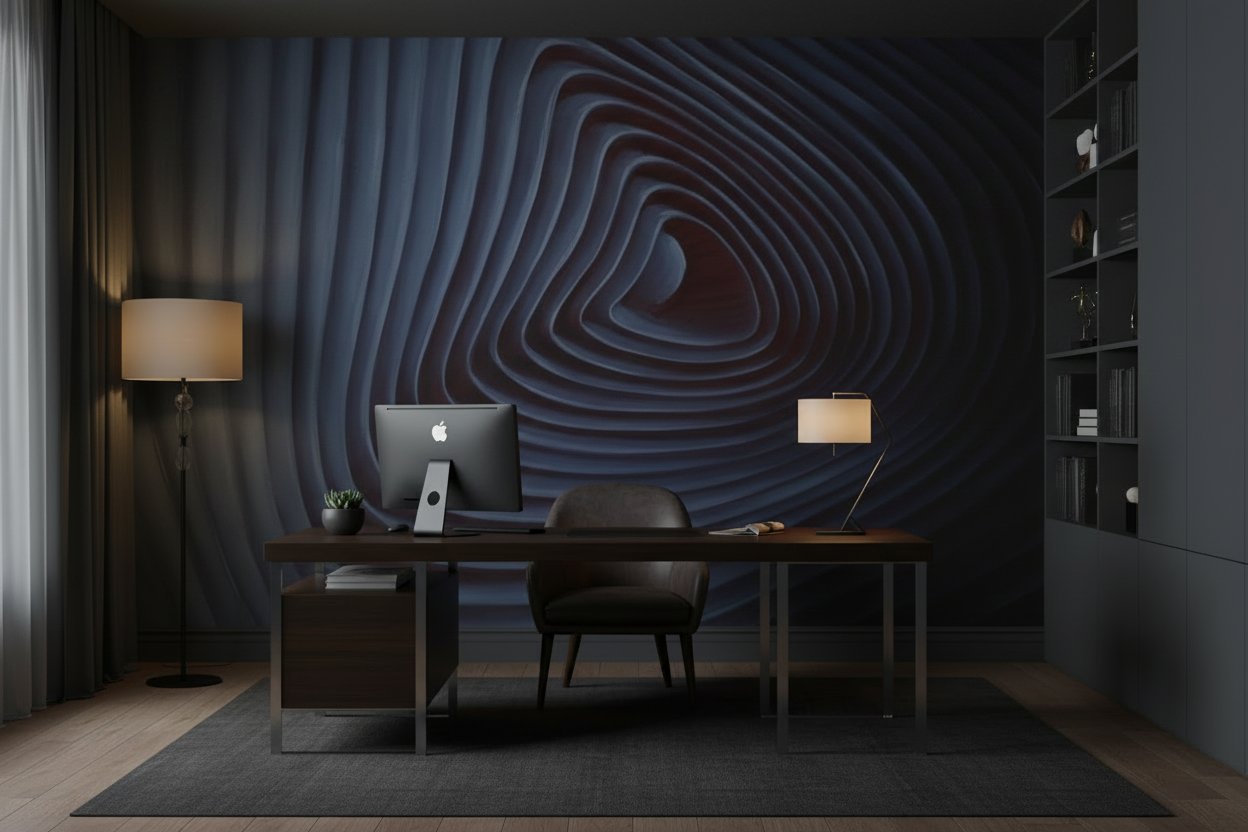 Modern office setup with a desk, chair, and computer monitor in a dimly lit room.
