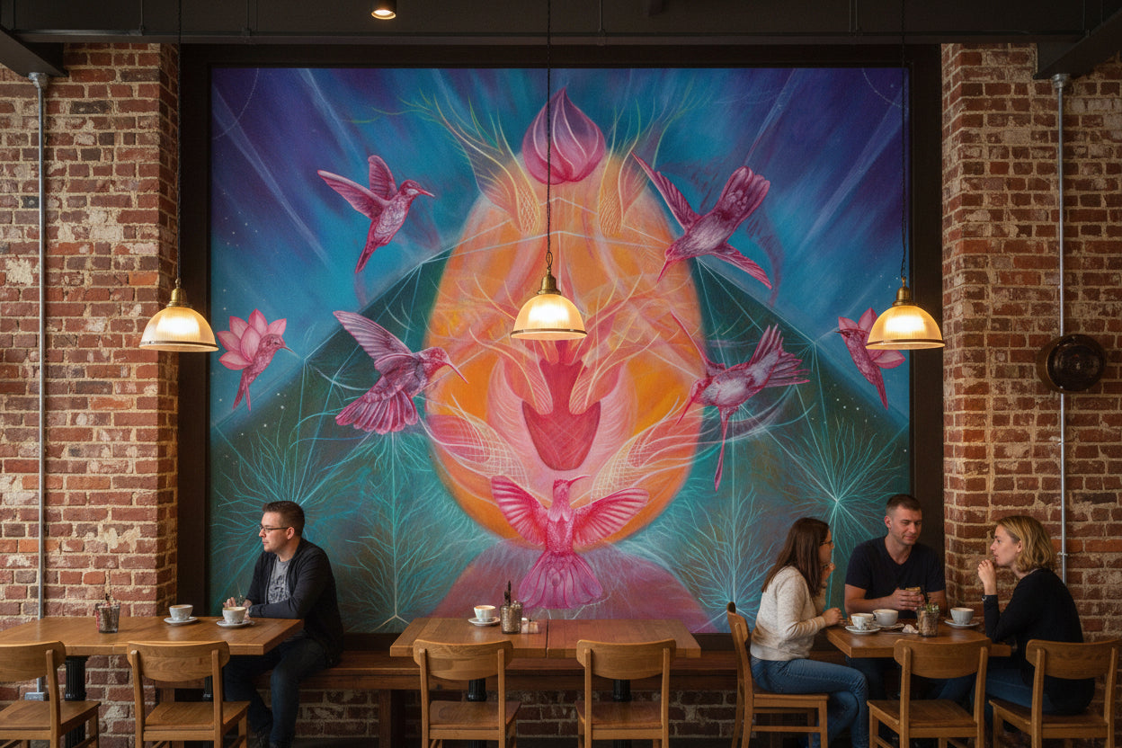 Canvas print with a colorful earth featuring hummingbirds and serpents. Cafe mural artwork.