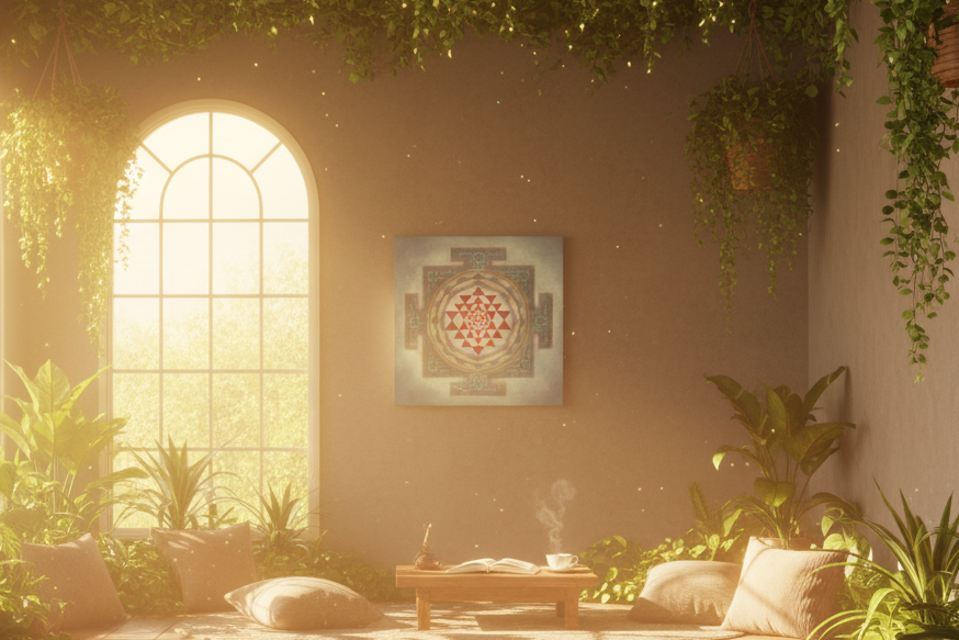 Decorative sunroom wall art with a geometric design.